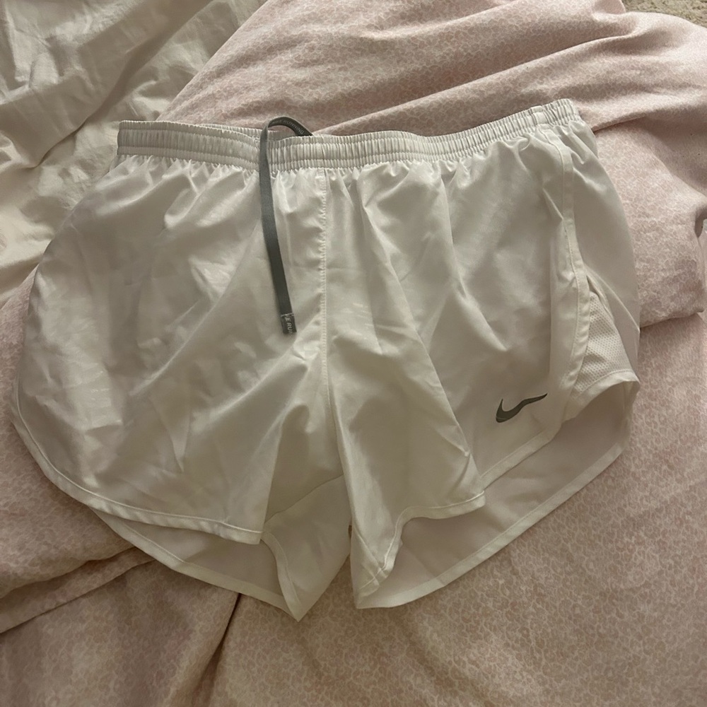 Nike White Running Shorts with Gray Swoosh and Drawstring